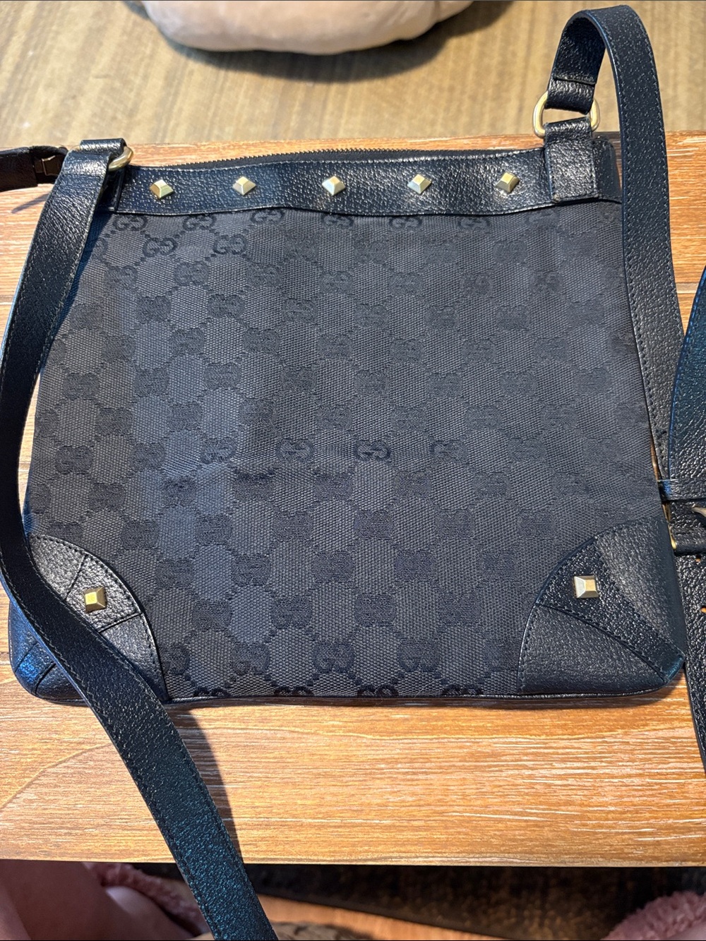 Gucci Black GG Canvas Crossbody with Gold Studs